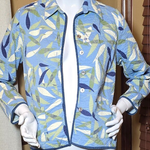 Quilted Vintage ALFRED DUNNER Blue Green & White Leaf Pattern Jacket sz 12P - Picture 3 of 12